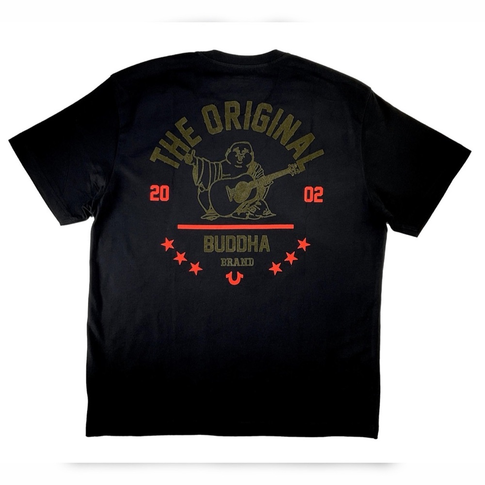Mens True Religion Black Buddha Horseshoe Crew Neck Tee T-shirt Flocked Graphic